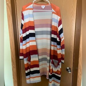 LuLaRoe Caroline Cardigan 2XL 22-24. Striped Black, Orange, Red, White, Blue